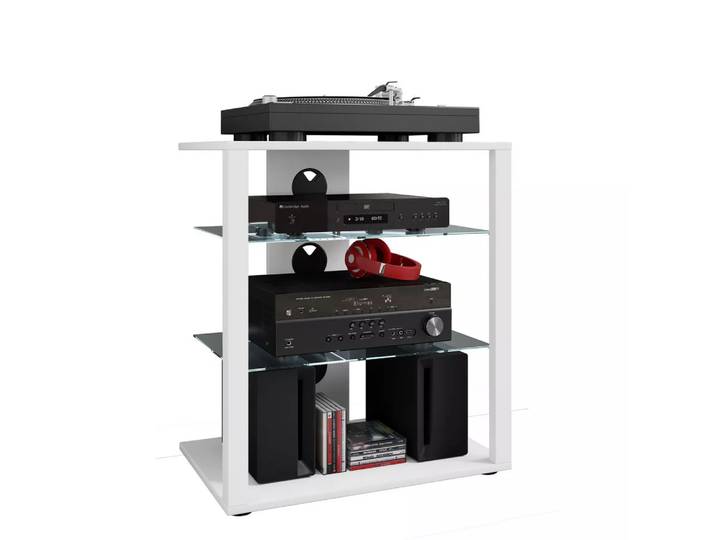 VCM - Hifi Holz Möbel Rack Schrank Phono Regal 2 Glasböden Maße: H. 70 x B. 60 x T. 41 cm Phono Mediaregal - Folas, Weiss, 60 cm