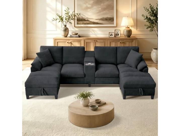 Scisola Modulares Sofa 4-Sitzer, 116”Ecksofa mit Mittelkonsole, 2 Getränkehaltern, Wohnlandschaft U Form mit 2 Stauraum Ottomane, Cloud Couch und Sofas für das Wohnzimmer Büro, Schwarz