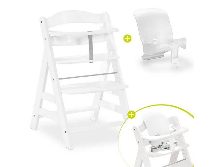Hauck Hochstuhl Alpha Plus - White, Mitwachsender Holz Kinderhochstuhl verstellbar mit Baby-Sitz & Gurt