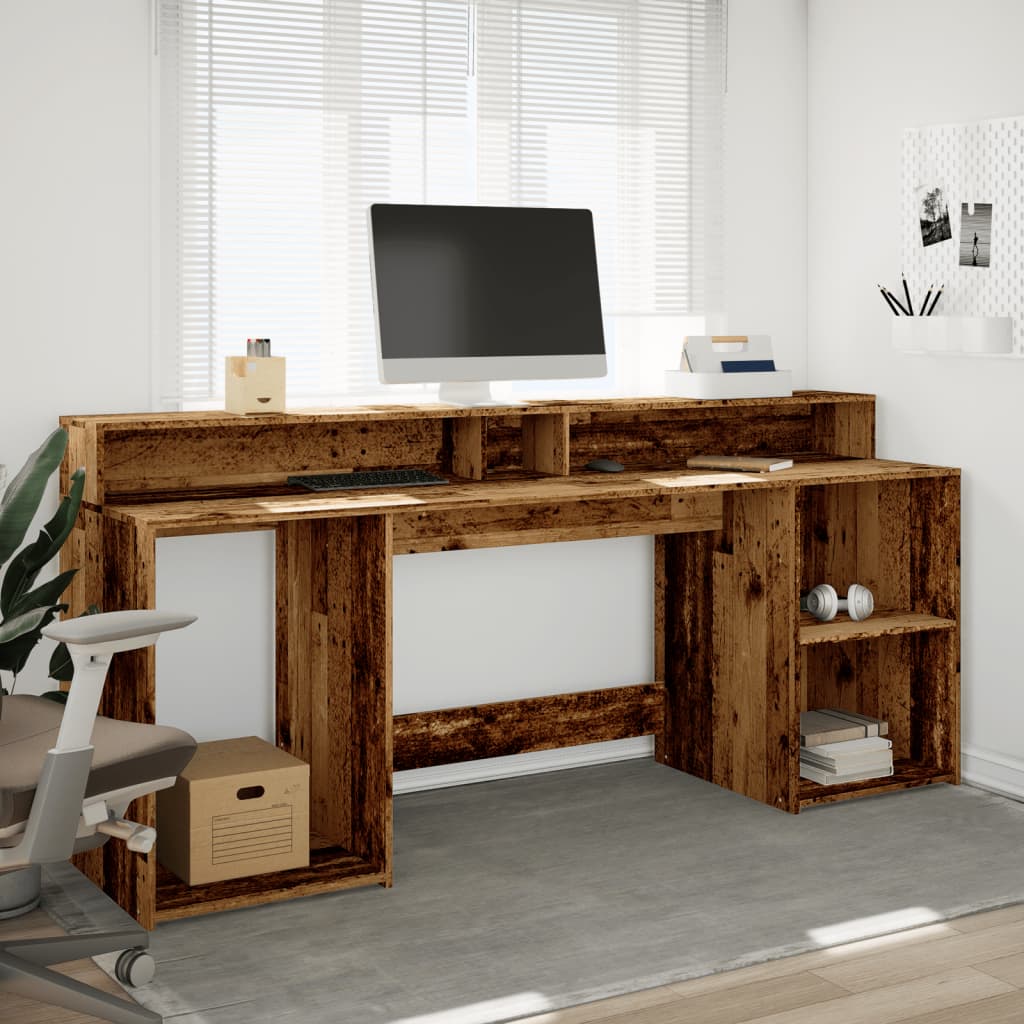 vidaXL Escritorio con LED madera ingeniería envejecida 200x55x91 cm Marrón