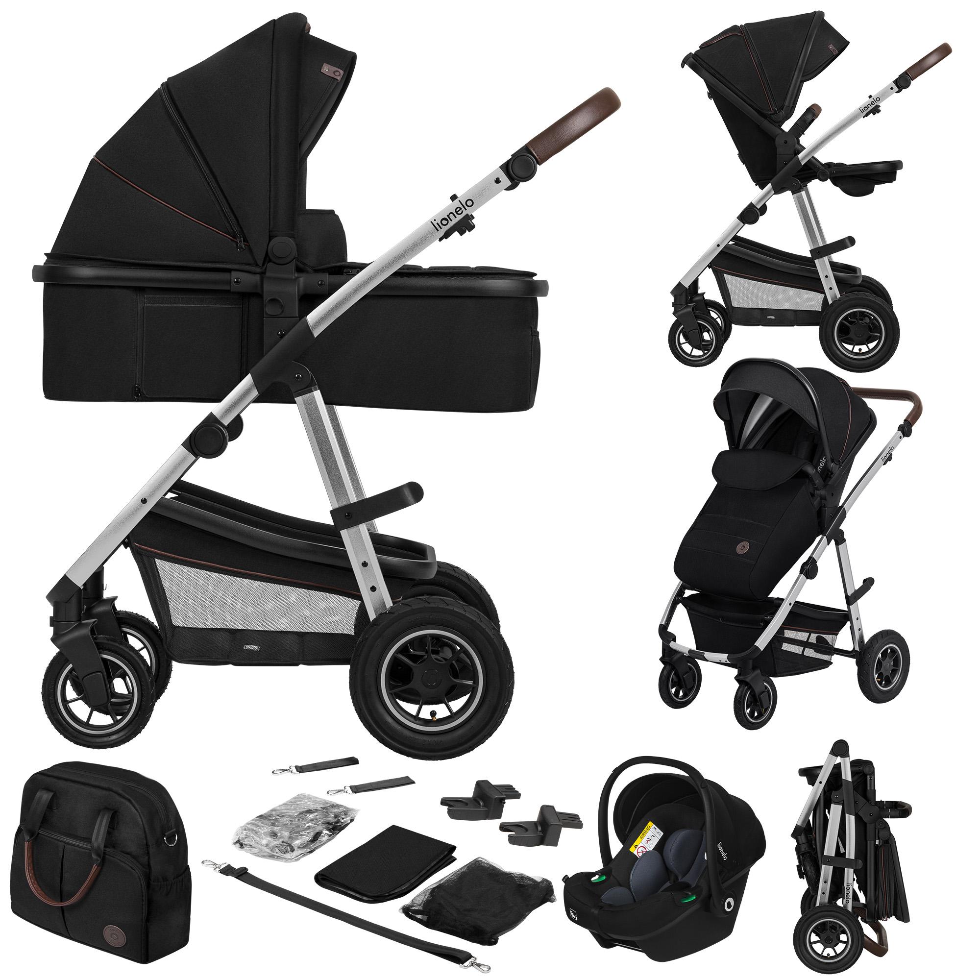 Lionelo Amber - Kombikinderwagen 3 in 1 - Set sportlicher, Sitz, fester Babywanne, Autositz, Tasche, Moskitonetz, Regenschutz - Black Silver