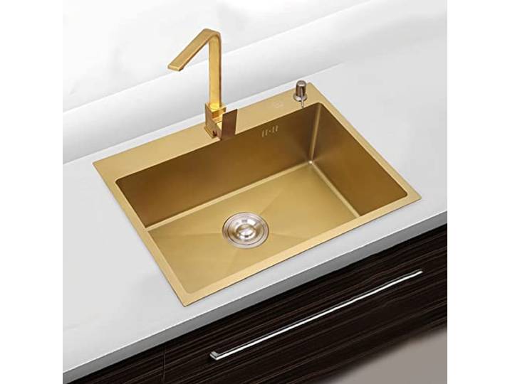 Küchenspüle Gold Edelstahlspüle Mit Wasserhahn Einschalen-Spüle Bar-Spüle Nanobeschichtung Leicht Zu Reinigen (Color : Gold, S : 68x45cm)