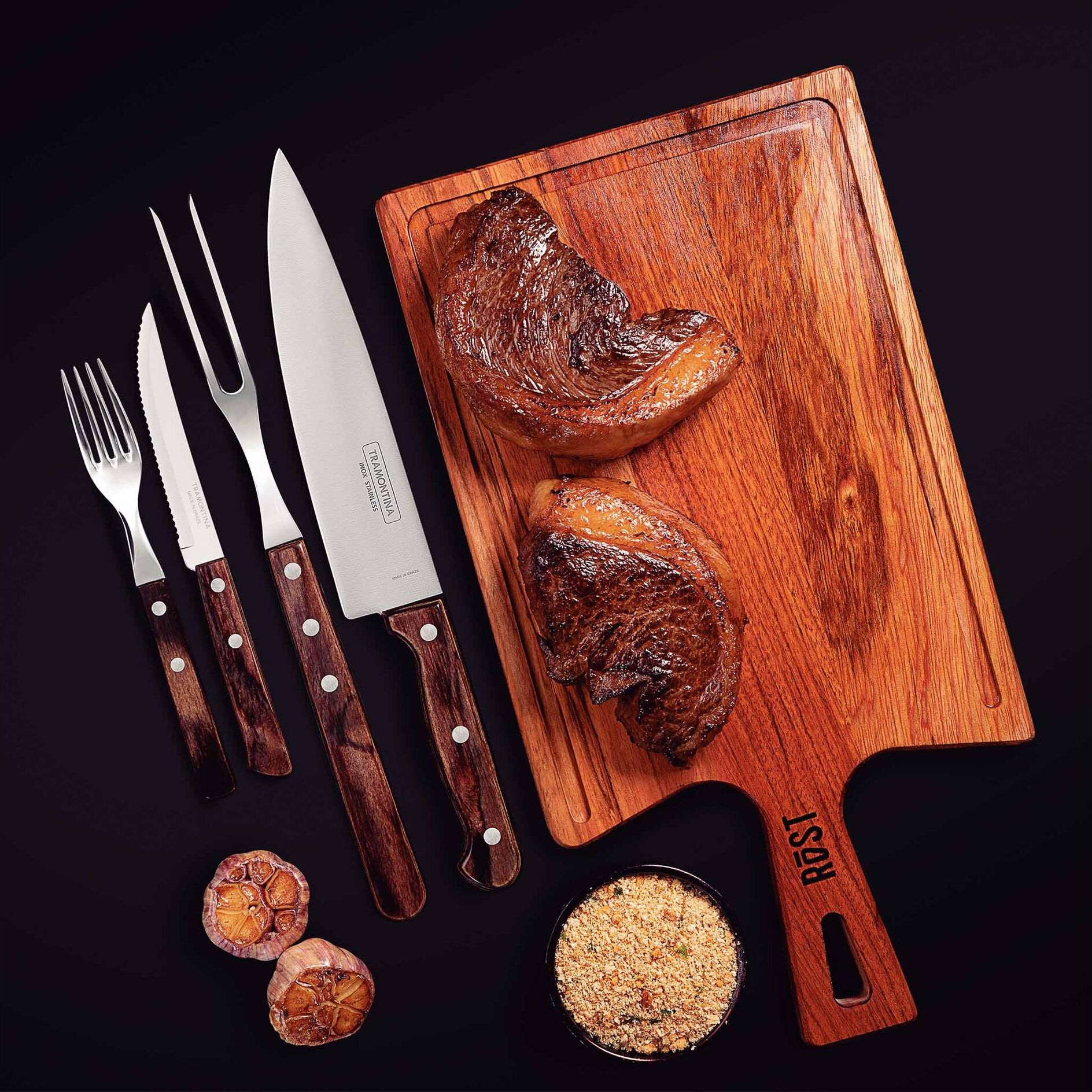 Grillbesteck-Set TRAMONTINA "Tramontina Polywood Silber/Braun", braun (silber braun), Edelstahl, Holz, Grillbesteck-Sets, Grillbesteck-Set silber braun Einheitsgröße