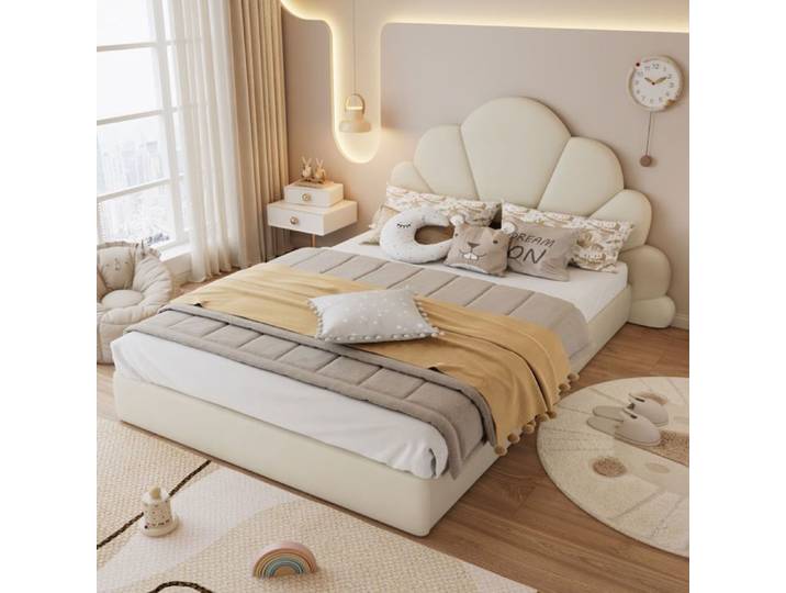 Lit double capitonné 140x200 cm velours beige