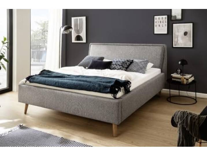 Meise Möbel Stauraumbett Frieda 160x200 cm Bettkasten & Lattenrost Webstoff Grau Holzfuß eichefarbig