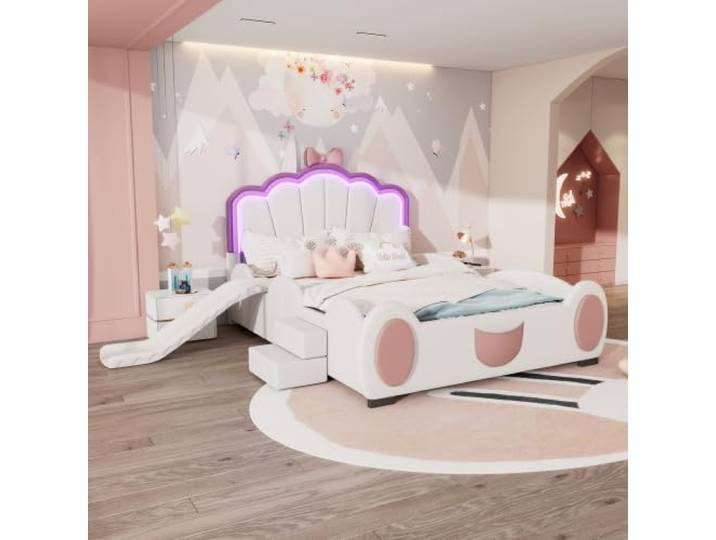 YuQozii 140 * 200cm Cartoon Bett Kinderbett Schmetterlingsbett LED-Farbwechsellicht, Fernbedienung, ausgestattet mit Rutsche und Leiter, PU-Material, schöne Form, rosa + weiß