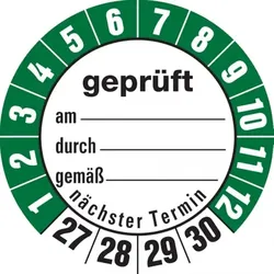 Dreifke® Aufkleber | Prüfetiketten geprüft am... durch... gemäß..ab 27 weiß/ - 35 mm Folie selbstklebend, 10 St