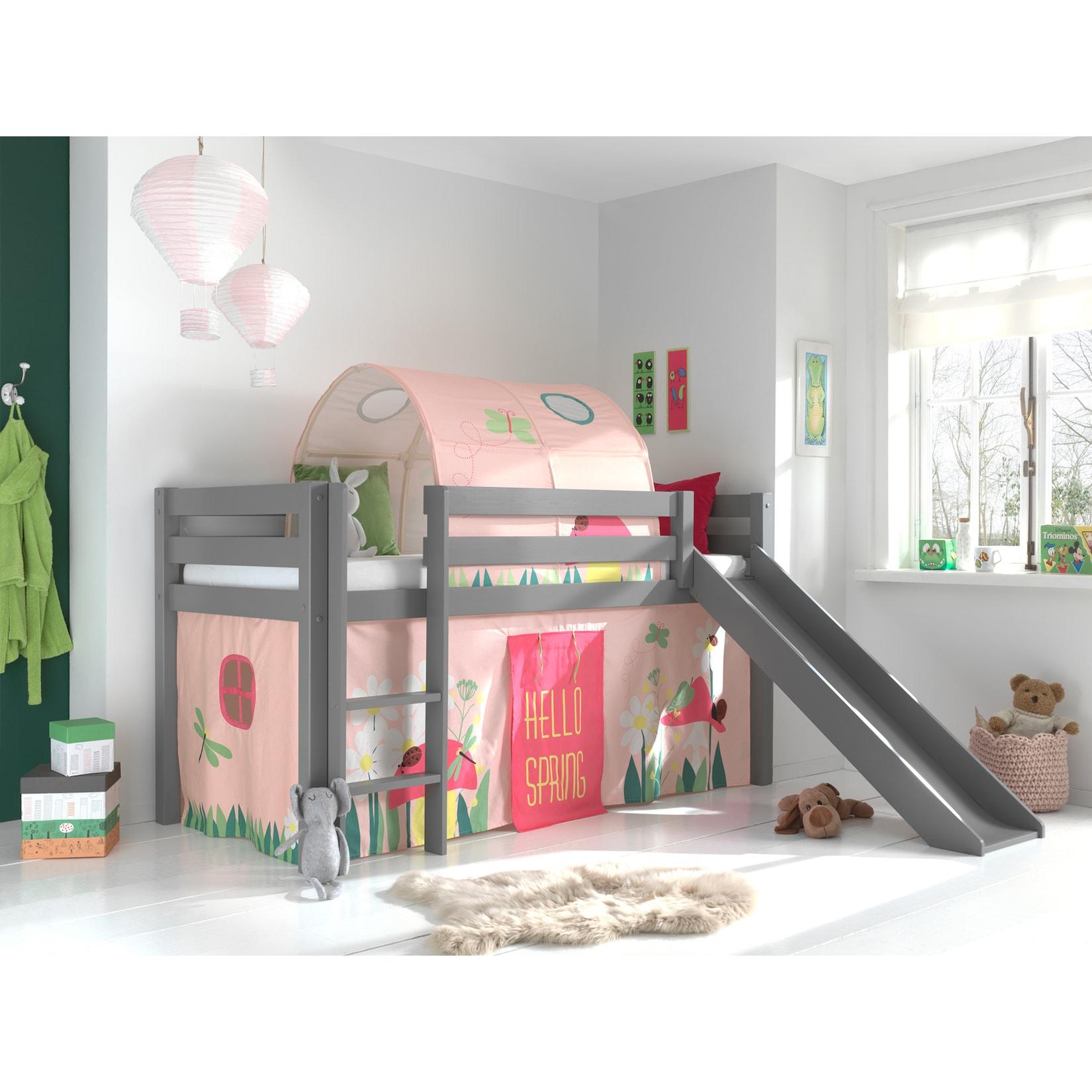 Spielbett Pino inkl. Rutsche mit Textilset Vorhang und Tunnel versch. Designs