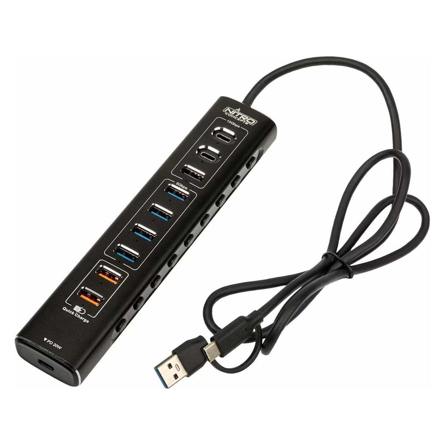 Nitro Concepts UH1, 10-Port Hybrid USB-Hub, USB 3.2 (USB-A, USB-C, 10 Ports) (NC-SR-AC-006)