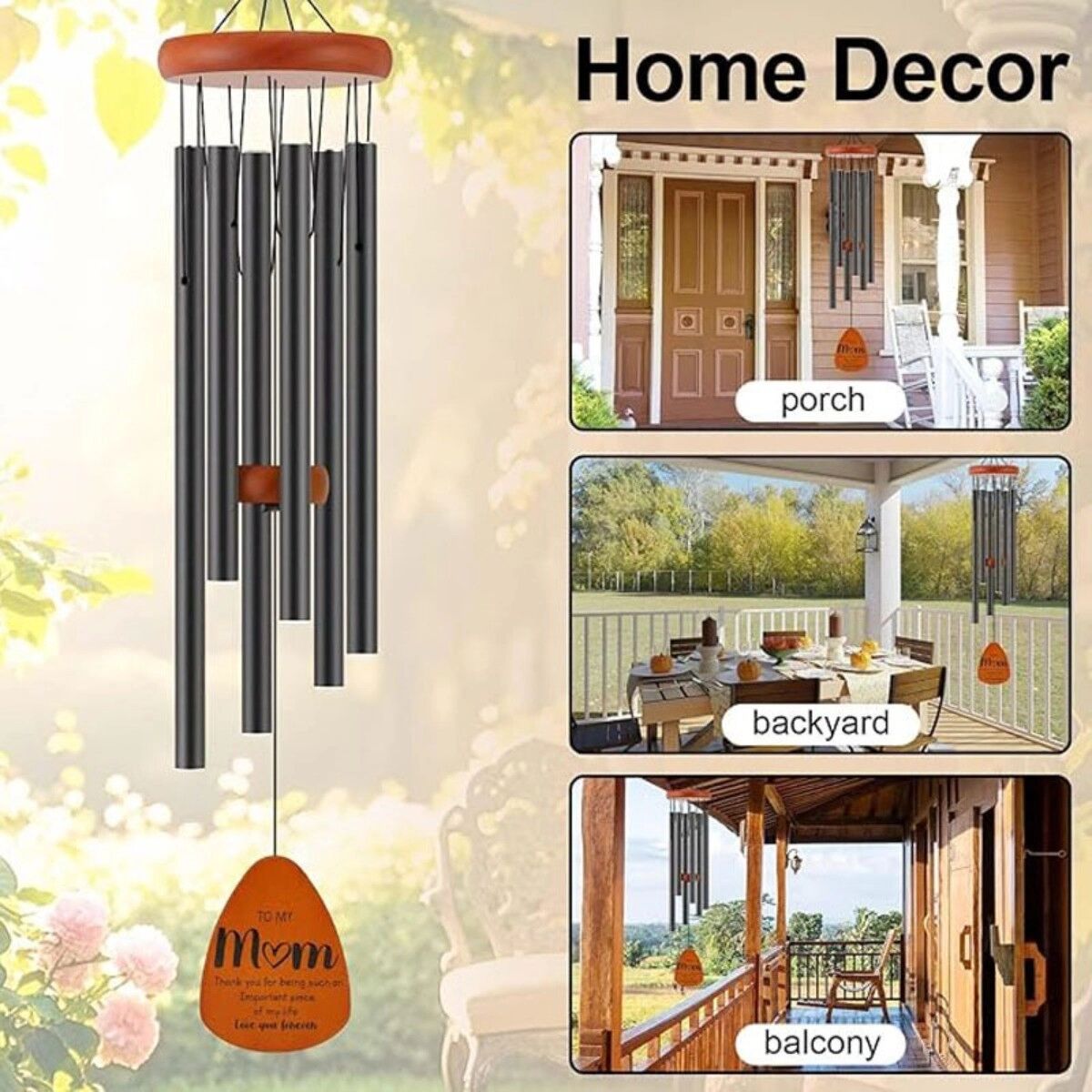 INF Carillon éolien 32in à tubes en aluminium, épaisseur paroi 1.2mm, noir – Décoration extérieure pour jardin, patio et porche