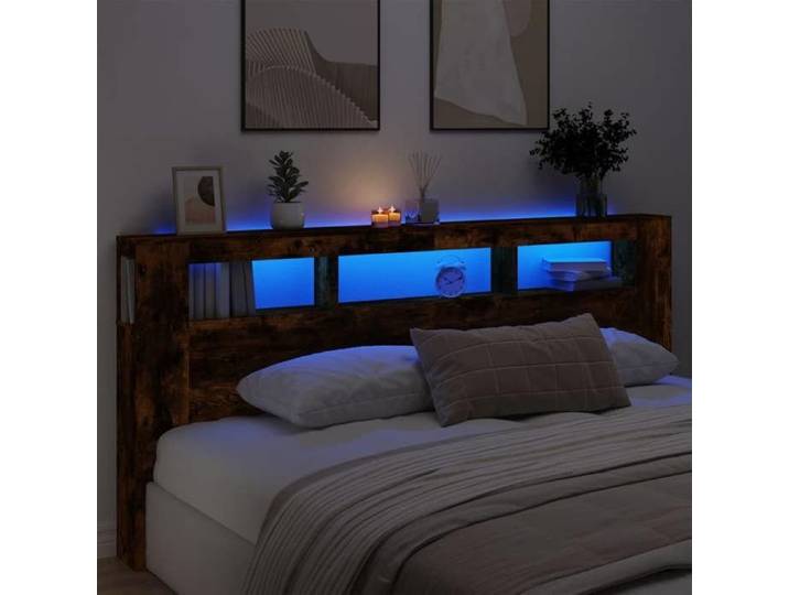 Tête de Lit à LED Panneau avec Rangement Accessoire de Lit Tête de Cadre de Lit Chambre Chêne Fumé 837376