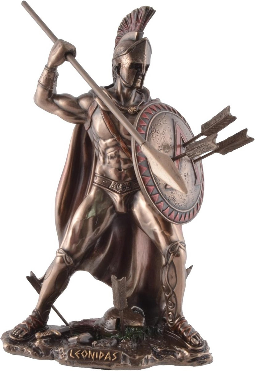 Leonidas, koning van Sparta met speer en schild - bronskleurige sculptuur voor volwassenen