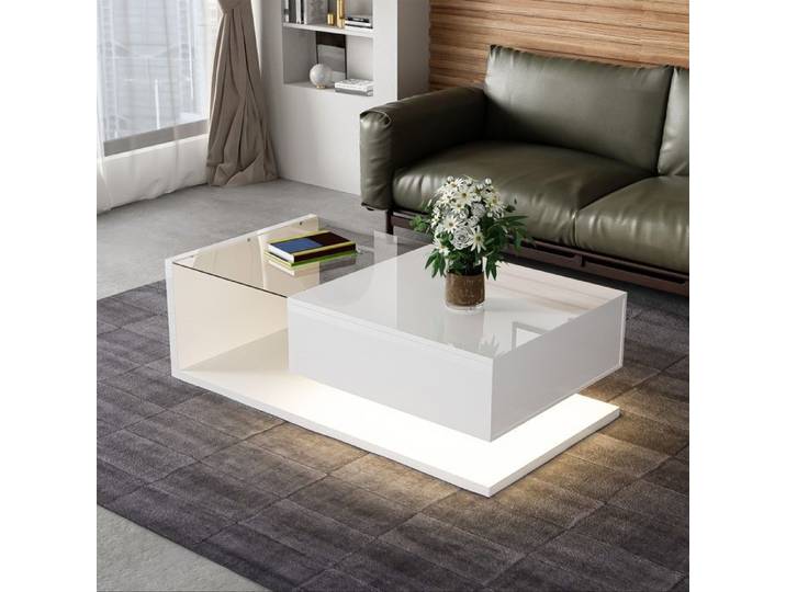 Table basse LED avec tiroir - WILITTO - Surface spacieuse - Design élégant - finition brillante - 105x55x32.5cm