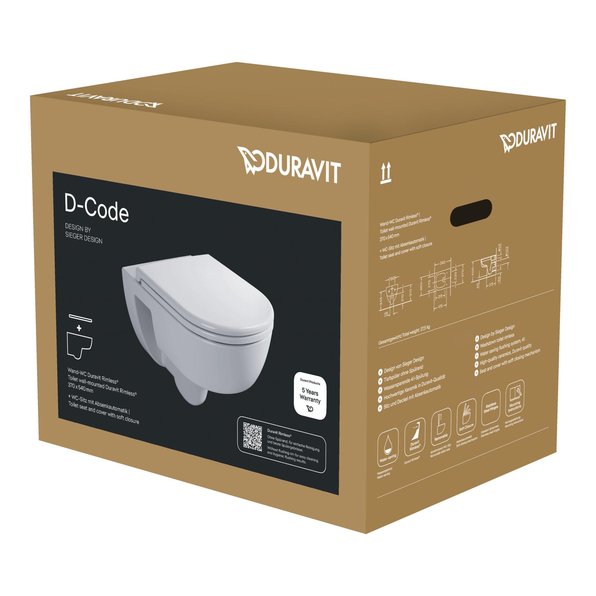Duravit Wand-WC, Tiefspüler-Set D-Code m Sitz, Absenkautomatik, Rimless, weiß (45130900B2)