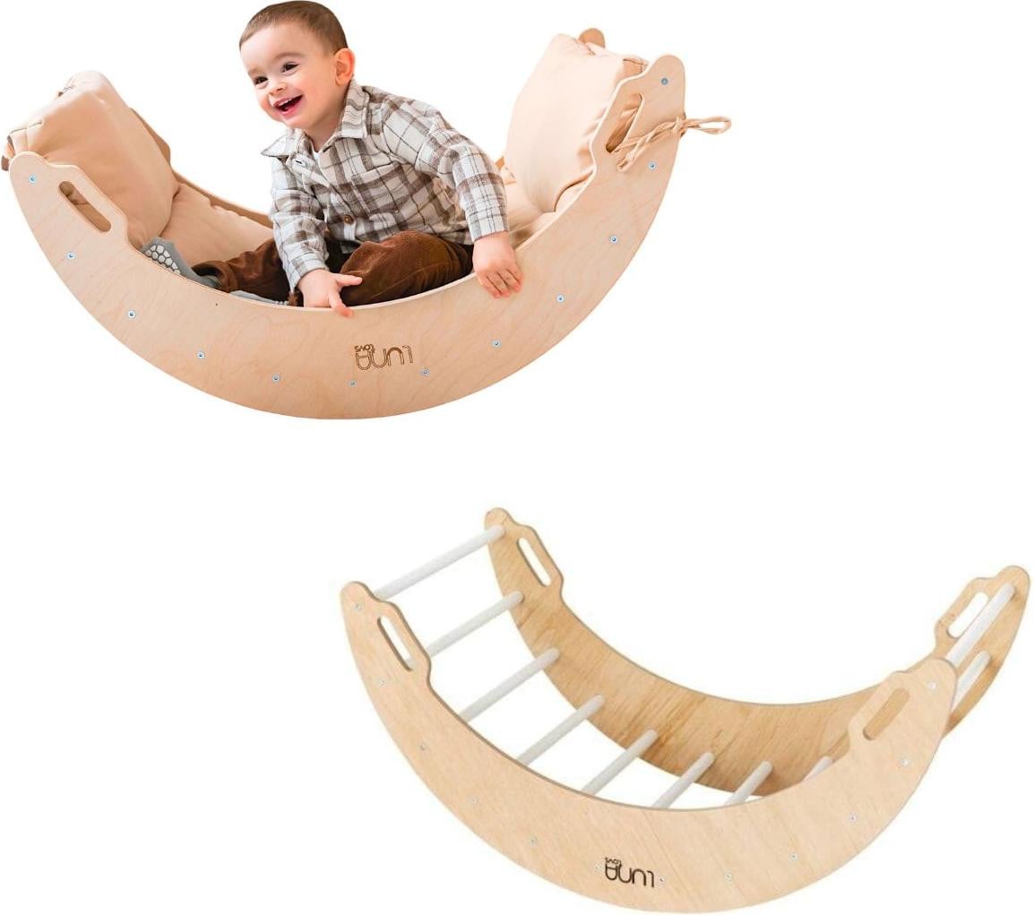 Monkey-Gym Klimrek van hout model Moon Montessori klimdriehoek met schommelplank