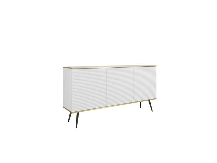 Ravio Kommode Forno (Weiß, Rillenfront, Goldene Details, 3 Türen, schwarze Metallfüße, 160 cm), Weiß, Schwarz, Eiche, Rechteckig, 160x85x39 cm, Kleinmöbel, Kommoden, Sideboards