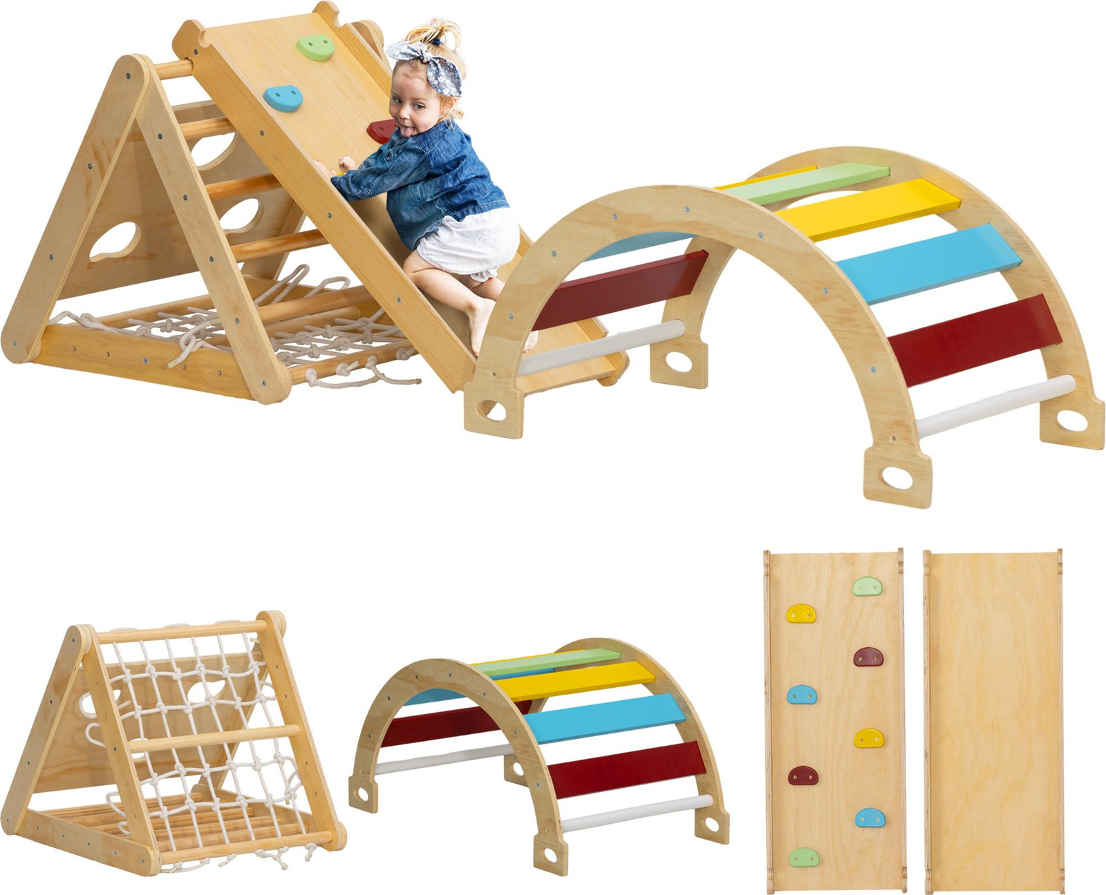 AIYAPLAY Klimrek Indoor 7-in-1 klimdriehoek met glijbaan en klimboog