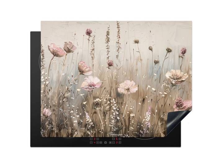 HERDABDECKPLATTE Blumen - Beige - Trockenblumen Induktionsmatte 77x59 cm