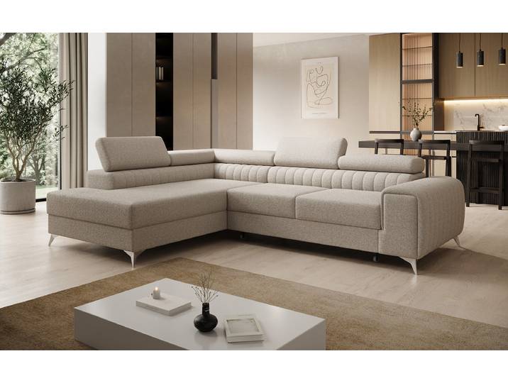 Designer Ecksofa Aurea mit Schlaf- und Klappfunktion in Bouclé - Bouclé - Weiß - Links - Luxusbetten24