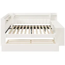 OKWISH Tagesbett MDF/Sperrholz mit Polsterung in Weiß, 140x200 cm, mit LED-Beleuchtung, USB-Anschluss, 90x190 cm Ausziehbett und Schreibtisch
