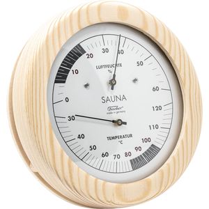 Fischer-Feingerätebau Saunathermometer 196TH-03, Ø 155 mm, 30 °C bis 120 °C, inkl. Feuchtigkeitsmessung, aus Fichtenholz