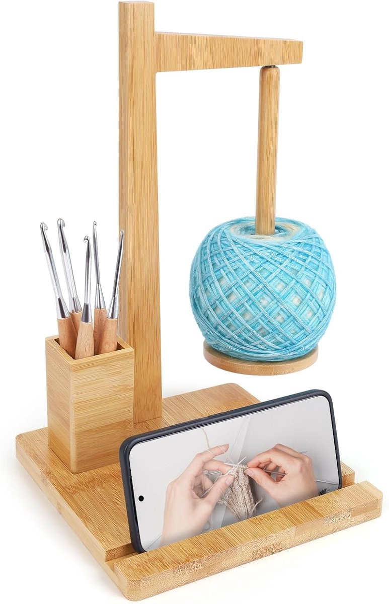 Multifunctionele houten garenhouder met magnetische bolhouder en opslag voor haken en breien