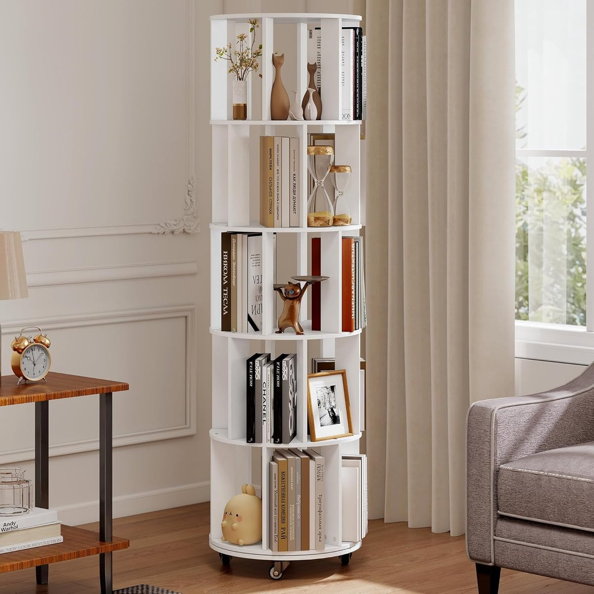 Wit Draaiende Boekenplank met Verstelbare Planken - B/D/H: 46 x 46 x 166 cm