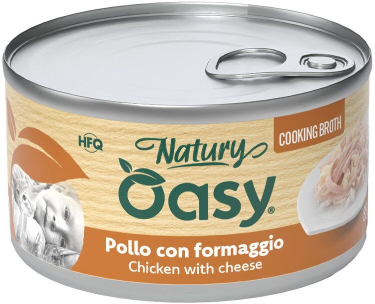 85 gr Oasy Natury Sfilaccetti di Carne in Brodo di Cottura Alimento Completo Cibo Umido per Gatti Adulti Gusto Pollo con Formaggio