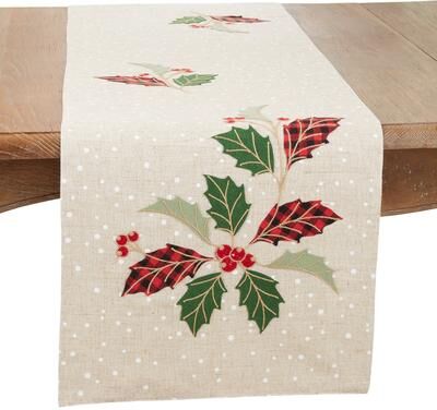 Saro Lifestyle "Winter Forest Buffalo Plaid Holly Leaves Table Runner - 16""x70"""