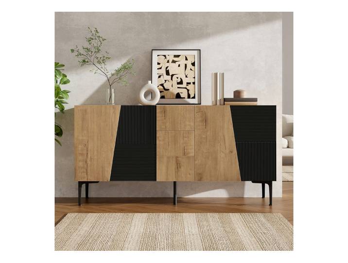 i@home Sideboard Kommode mit 3 Schubladen,Schrank mit 4 Türen,160x40x80cm,Natur/Schwarz, viel Stauraum für Wohnzimmer & Esszimmer, Kommode mit Eisenbeinen