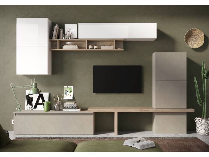 Wohnwand HOME AFFAIRE Infinity, 9tlg. Breite 290 cm, Höhe variabel, Schrankwand (Lowboard , braun (lehmfarben (argilla), weiß hochglanz lack, eiche cadiz nb), B:290cm H:195cm T:40cm, Holzwerkstoff, Kastenmöbel-Sets, Wohnwand, T-Boden, 4x Hängewürfel, Würfel-Element, Wandregal, Hängeschrank)