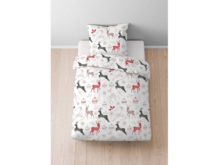 Housse de couette en flanelle cerfs Noël 135 x 200 cm + oreiller 80 x 80 cm Blanc