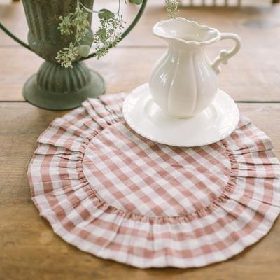 VHC Brands Rosehill Cottage Dusty Rose Gingham Round Ruffled Cotton Placemats - Set of 6
