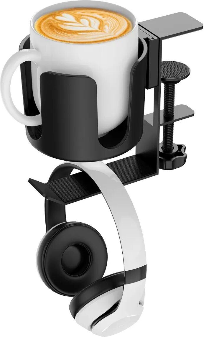 INF Tischklemmen-Getränkehalter mit Kopfhörerhaken - 360° drehbarer Headset-Halter unter dem Schreibtisch