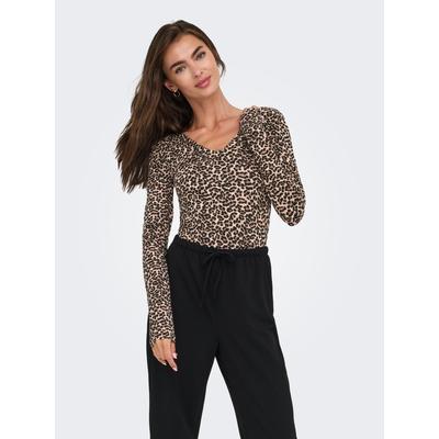 Body ONLY "ONLLIVE LOVE V NECK L/S BODY CS JR", Damen, Gr. XS (34), N-Gr, braun (ginger root aop:tikkie leo), Obermaterial: 95% Baumwolle, 5% Elasthan, bedruckt, regular fit, V-Ausschnitt, Bodys Body