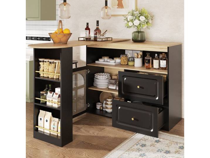 Buffet bas pivotant à 360° 138-204 x 39 x 104 cm avec 2 tiroirs Buffet de cuisine avec étagère à snacks Buffet salon en noir