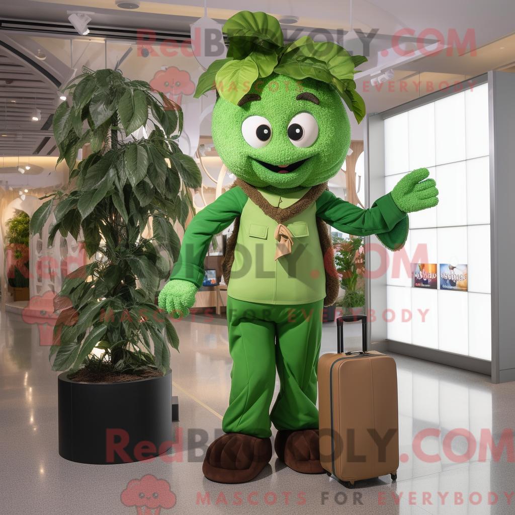 Maskottchenfigur REDBROKOLY einer Olive Beanstalk bekleidet mit Overall und Aktentasche
