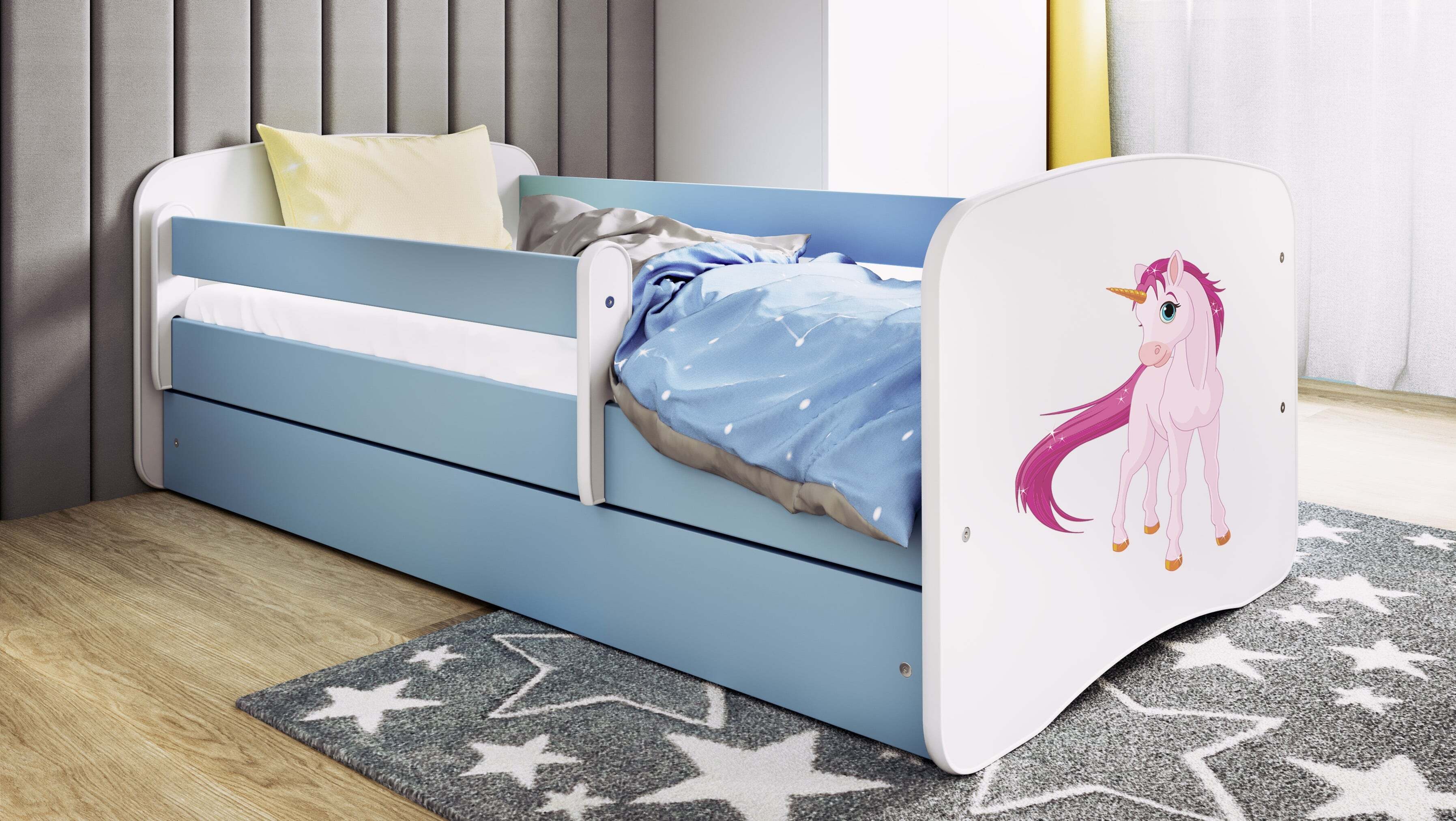 Kinderbett Jugendbett Einhorn 70x140, 80x160, 80x180 cm - Komplettset mit Schublade & Rausfallschutz