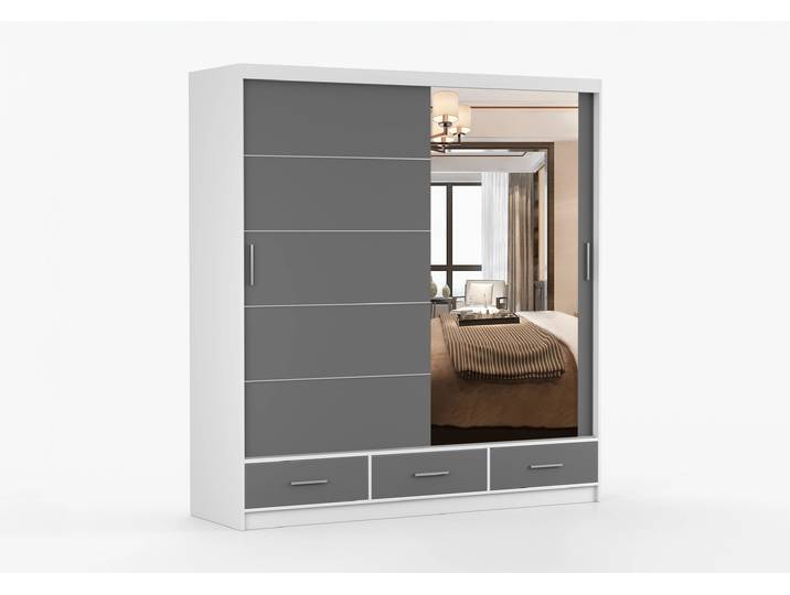 Schwebetürenschrank FLORENCE 203 cm Weiß Grau + Spiegel