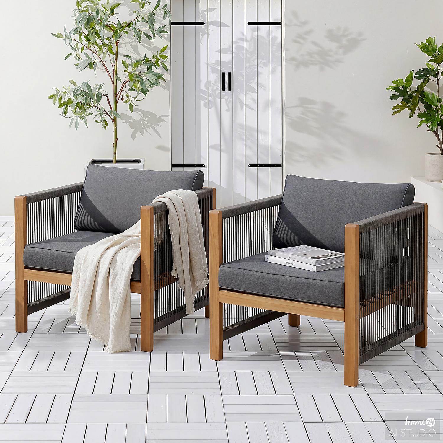 home24 Loungesessel - 2er-Set - Akazie massiv / Polyester