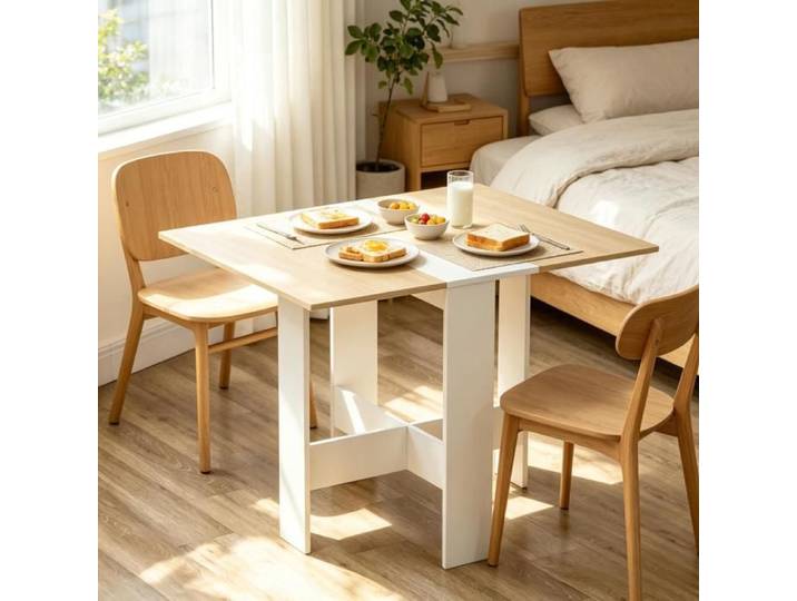 Table pliante design - Design bicolore chêne et blanc - Dimensions dépliée : 103x76x74 cm