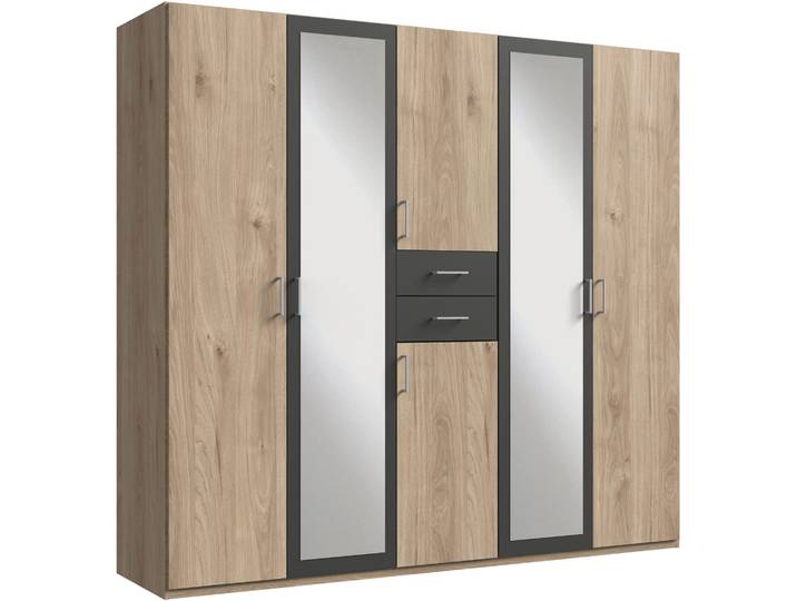 Kleiderschrank WIMEX Diver Drehtürenschrank mit Spiegel, in der Breite: 225cm , grau (struktureichefb hell, graphit, griffe alu), B:225cm H:207cm T:58cm, Schränke, Kleiderschrank, Bestseller Schlafzimmerschrank wahlweise 3 Innenausstattungen