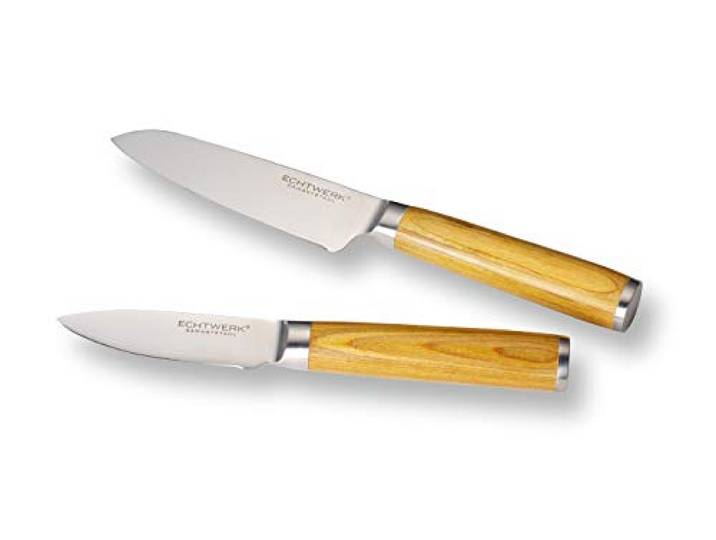 ECHTWERK 2-teiliges Damaszener Messer Set, Santokumesser ca. 13cm/Schälmesser ca. 8cm, Küchenmesser, Gemüsemesser, Damaststahl, Messergriffe aus Pakka-Holz, Inkl. Aufbewahrungsbox