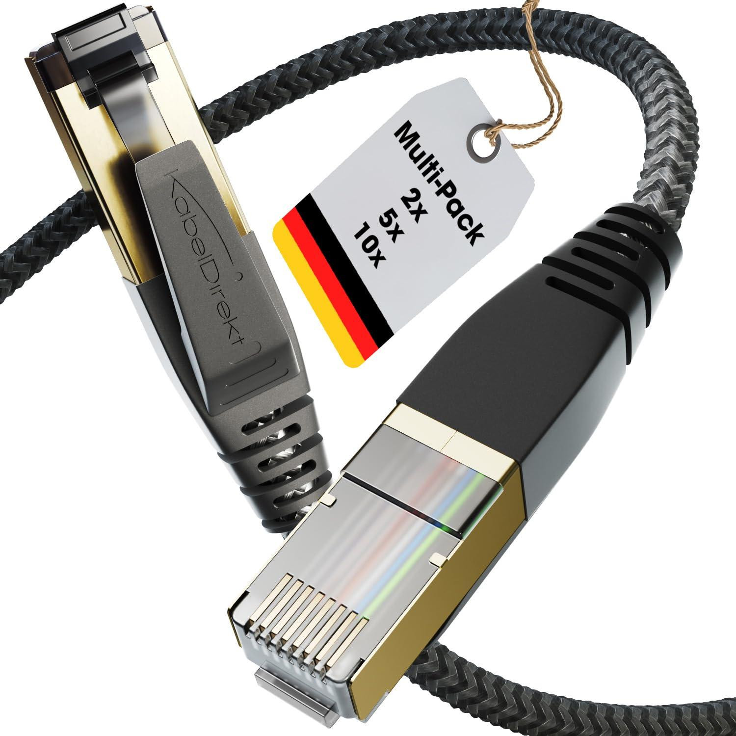 KabelDirekt Cat-8 netwerkkabel set van 10 stuks, 1 meter, 40 Gigabit, gevlochten