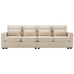Merax 4-Sitzer-Sofa aus Leinenstoff, mit Armlehnentaschen und 4 Kissen, Sofa im einfachen Stil, geeignet für Wohnzimmer, Wohnung und Büro, Beige