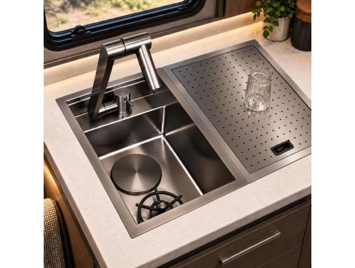 Wohnmobil Spüle mit Abtropfdeckel, Campervan Spüle aus Edelstahl 304 Mit Klappbarer Armatur für Wohnmobil, Wohnwagen, Boot und Minibar