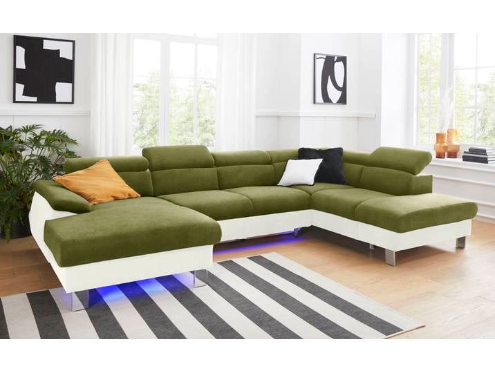 Wohnlandschaft, Microfaser PRIMABELLE, Creme & Grün, 320 cm, Kopfteilverstellung, RGB-LED-Beleuchtung, Cotta
