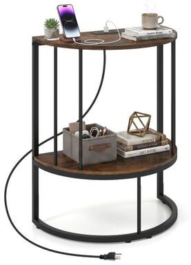 Costway 2-Tier Half Moon Console Table with Power Outlets and Storage Shel for Hallway-Rustic Brown