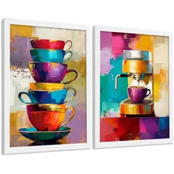 POSTER 2er Set Küchen-Wandbilder Kaffeetassen und Espressomaschine Pop Art Bunt Esszimmer Wanddeko Rahmenlos A4