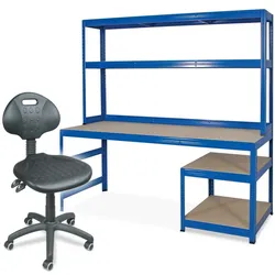 BRB Set, Packtisch/Werkbankregal mit Regalaufsatz + Arbeitsdrehstuhl mit Rollen